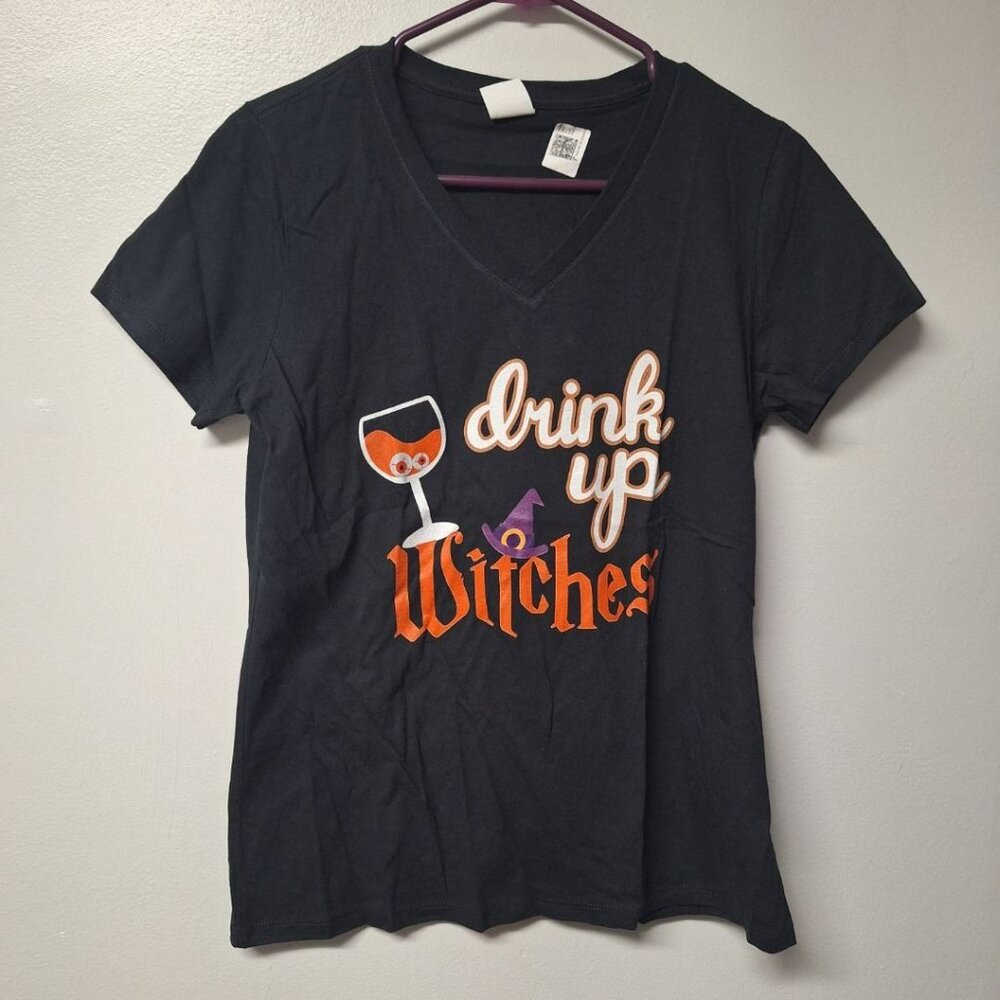 Drink Up Witches Tee Shirt V Neck Halloween Womens Small Wine Party Costume‎